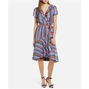 WAYF Women’s L Blue Sutton Metallic Check Print Ruffled Wrap Midi Dress NEW